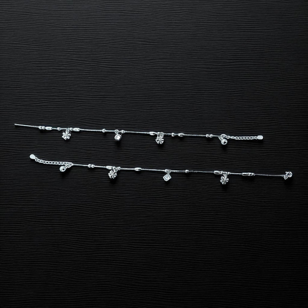925 Sterling Silver Beaded Charm Zircon Anklet Set (Set of 2)