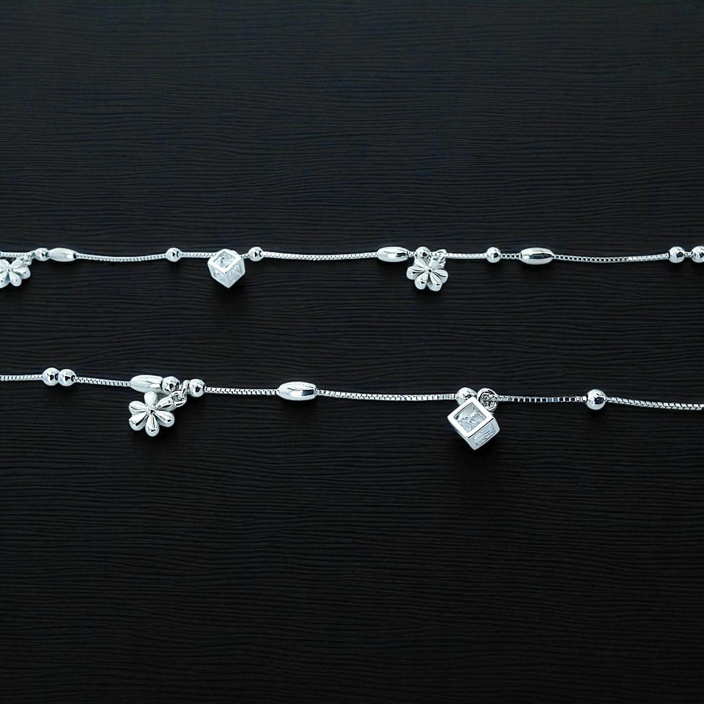 925 Sterling Silver Beaded Charm Zircon Anklet Set (Set of 2)