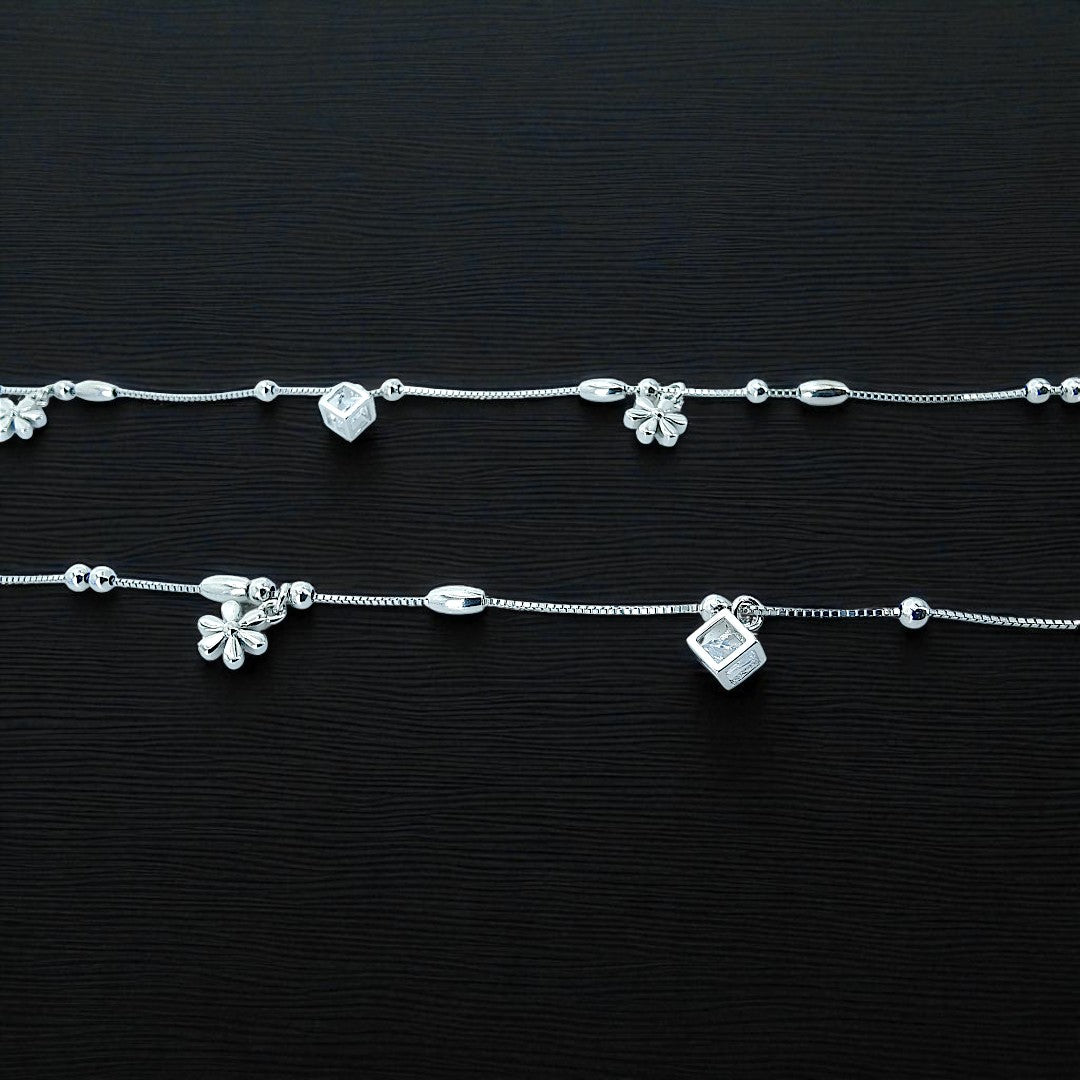 925 Sterling Silver Beaded Charm Zircon Anklet Set (Set of 2)