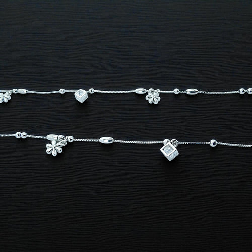 925 Sterling Silver Beaded Charm Zircon Anklet Set (Set of 2)