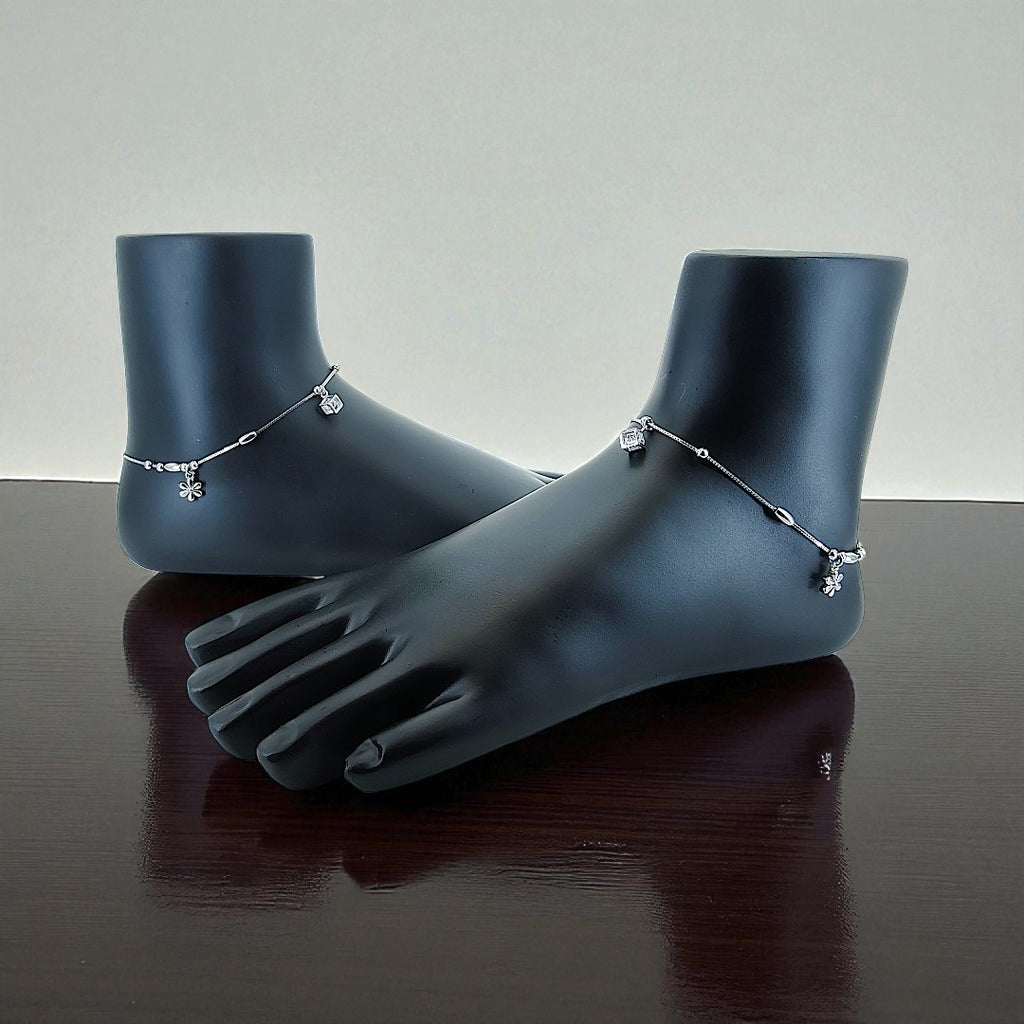 925 Sterling Silver Beaded Charm Zircon Anklet Set (Set of 2)