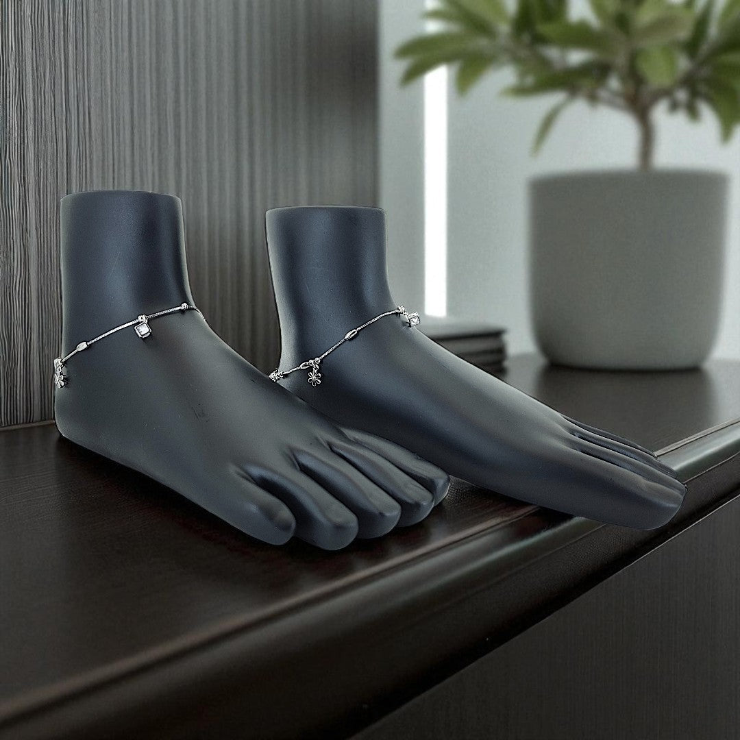 925 Sterling Silver Beaded Charm Zircon Anklet Set (Set of 2)