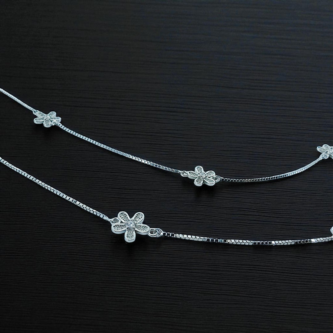 925 Sterling Silver Floral Zircon Charm Anklet Set of 2