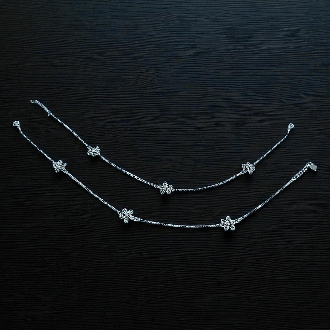 925 Sterling Silver Floral Zircon Charm Anklet Set of 2