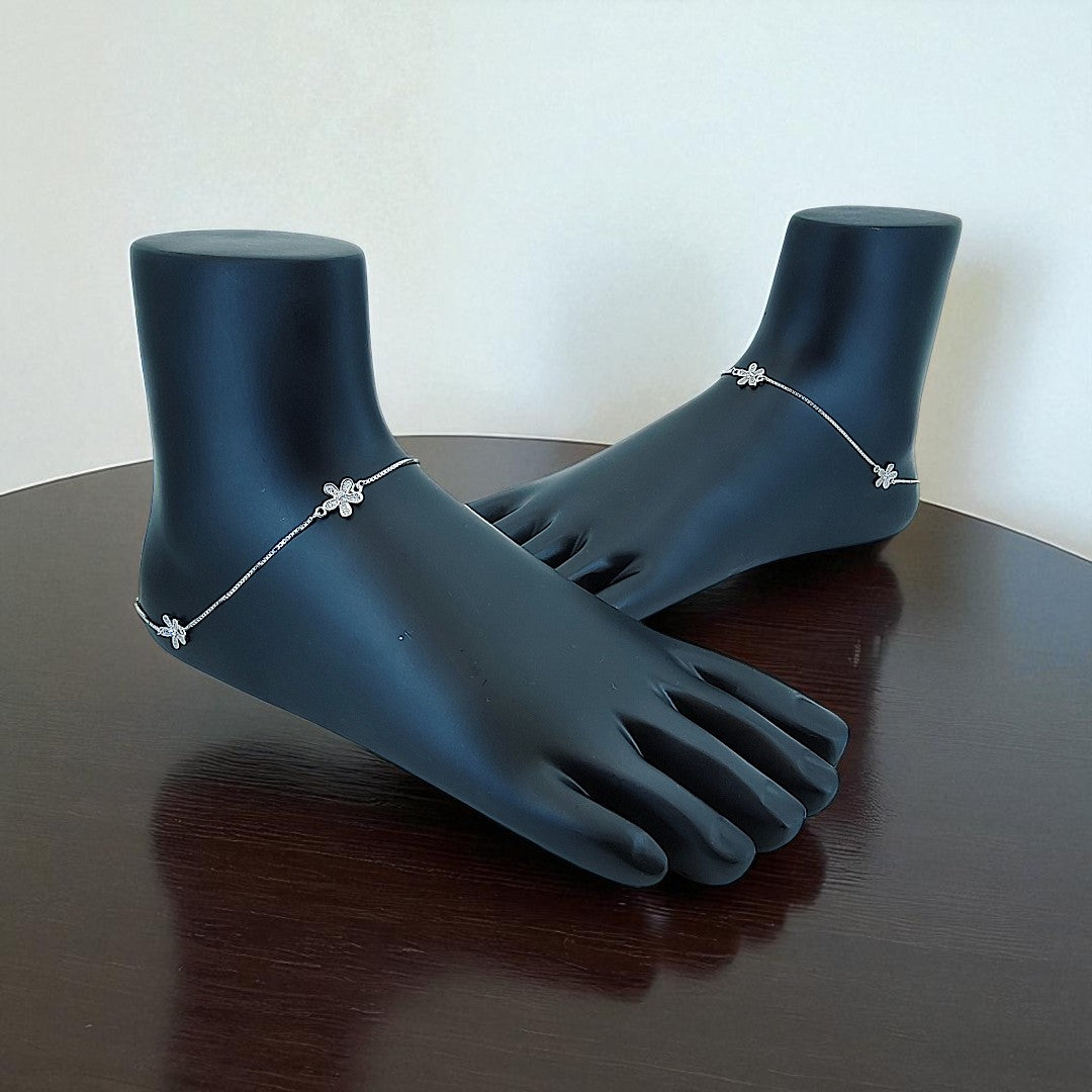 925 Sterling Silver Floral Zircon Charm Anklet Set of 2