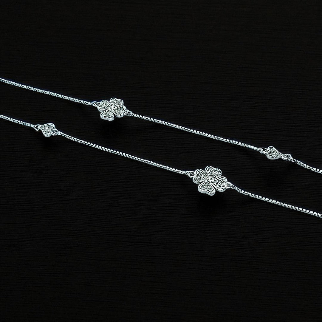 925 Sterling Silver Clover & Heart Zircon Charm Anklet Set Of 2