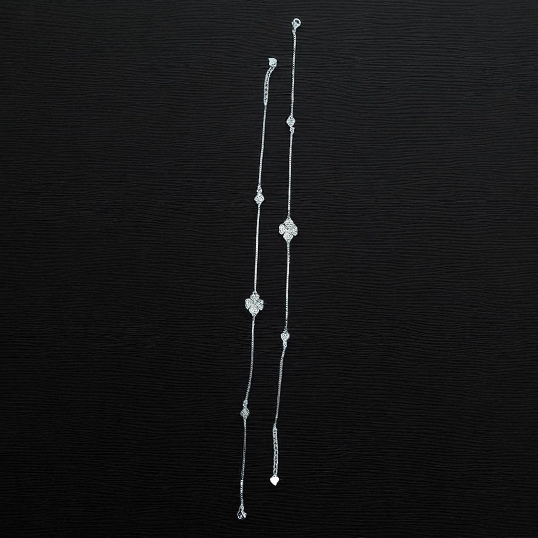 925 Sterling Silver Clover & Heart Zircon Charm Anklet Set Of 2