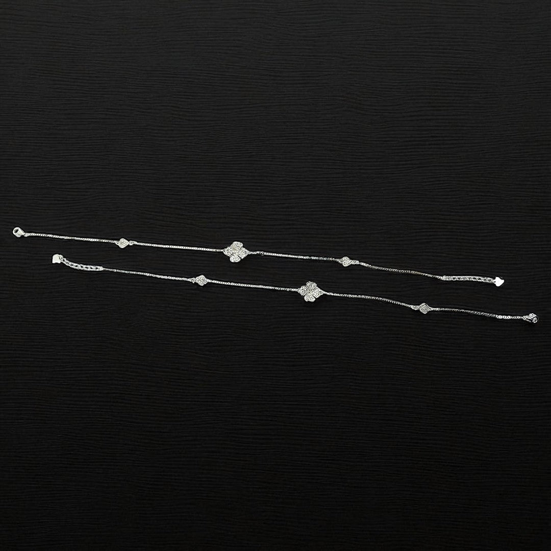 925 Sterling Silver Clover & Heart Zircon Charm Anklet Set Of 2