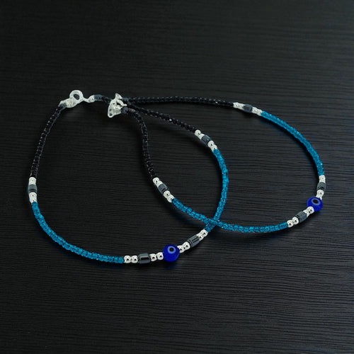 925 Sterling Silver Beaded Evil Eye Anklet (Set of 2)