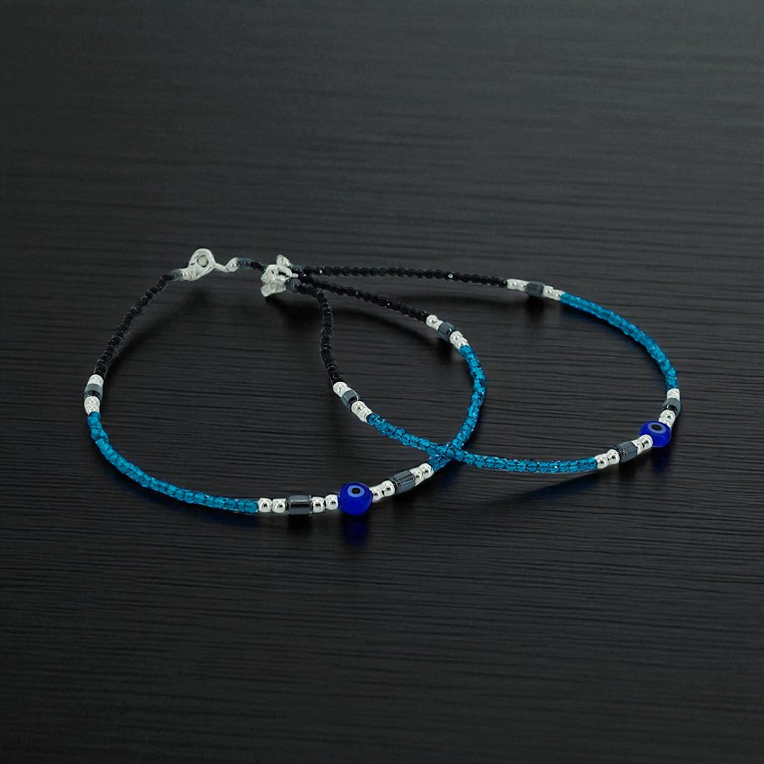 925 Sterling Silver Beaded Evil Eye Anklet (Set of 2)