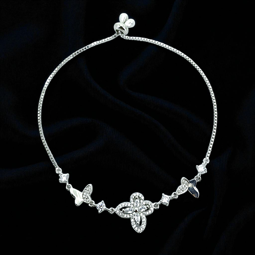 925 Sterling Silver Butterfly & Clover Zircon Bolo Bracelet