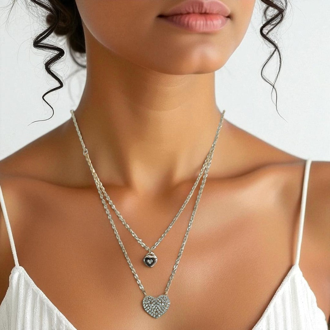 925 Sterling Silver Layered Heart Zircon Necklace
