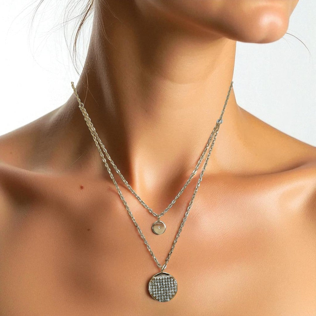 925 Sterling Silver Layered Coin Zircon Necklace