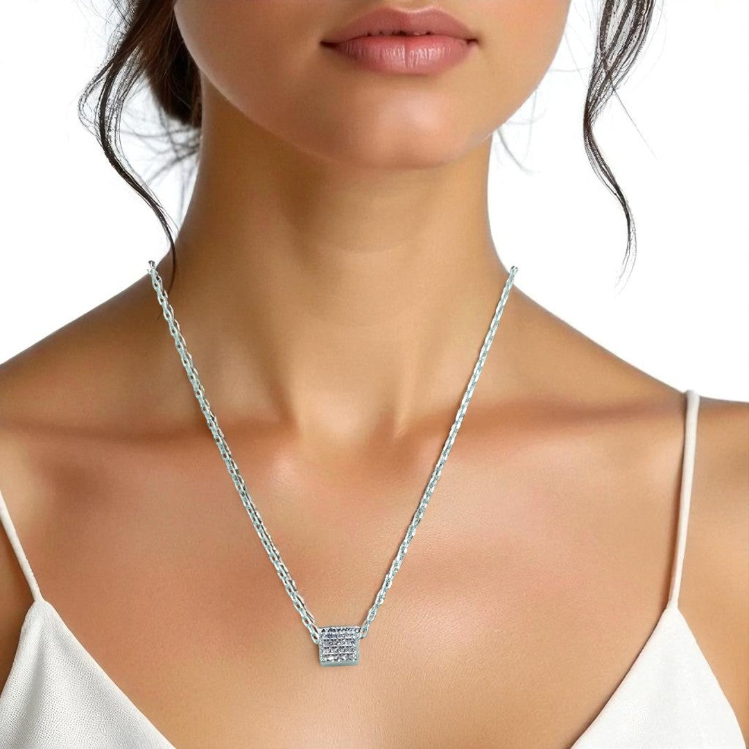 925 Sterling Silver Geometric Baguette & Round Zircon Bar Necklace