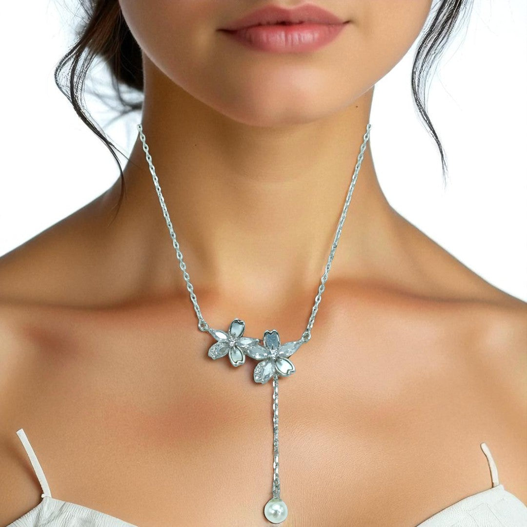 925 Sterling Silver Floral Y-Drop Pearl & Zircon Necklace