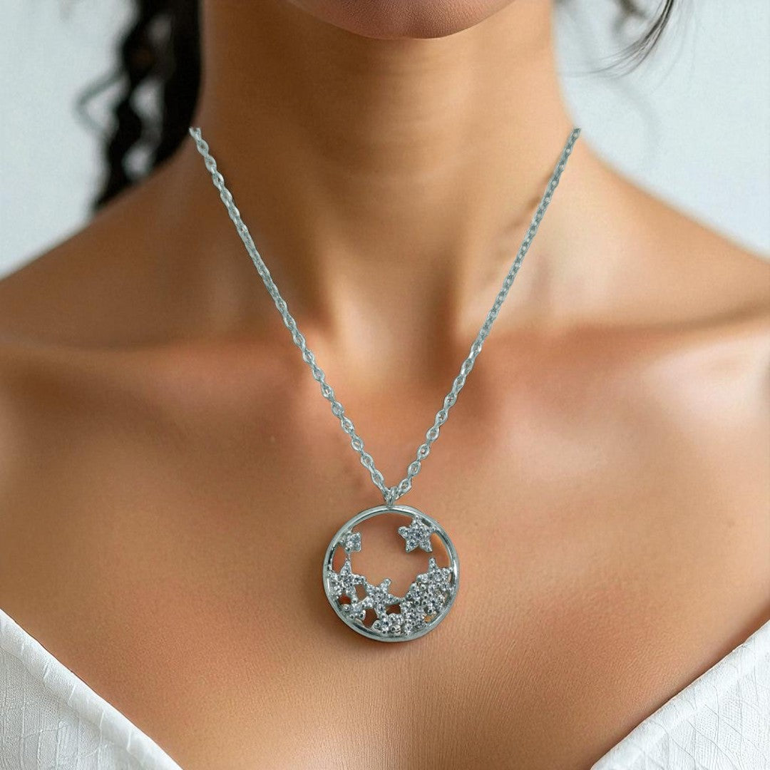 925 Sterling Silver Star & Moon Cosmic Circle Zircon Necklace